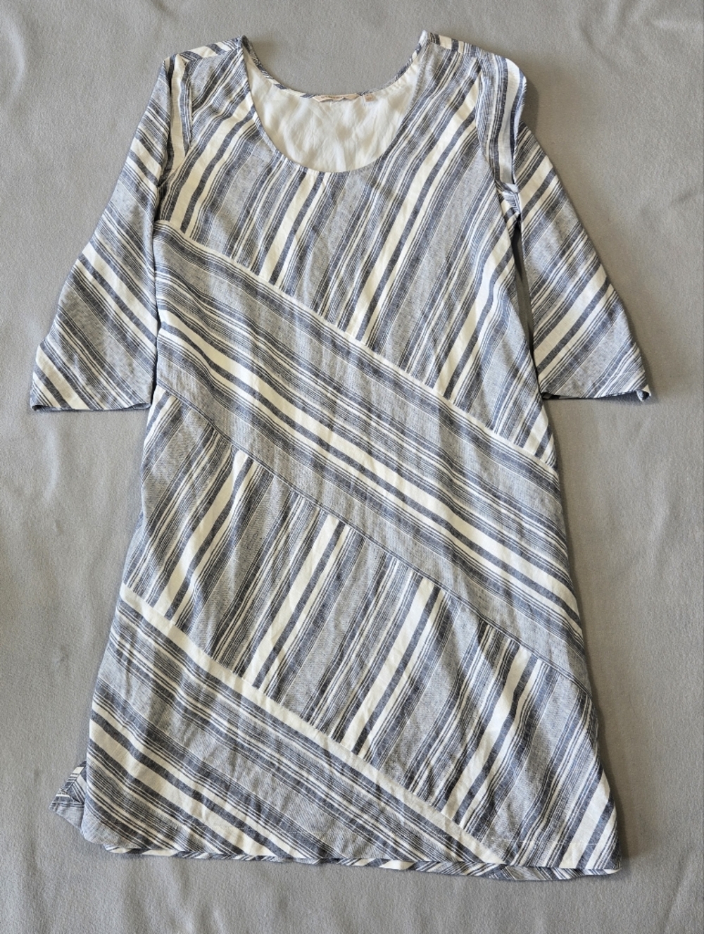 Soft Surroundings Mixed Stripe Knit Shift Dress L Blue White 3/4 Sleeve